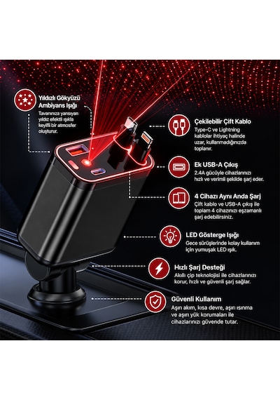 Araç Çakmaklık Şarj Cihazı Dahili Çekilebilir Type-c Lightning Çift Kablo Ambiyans Işıklı