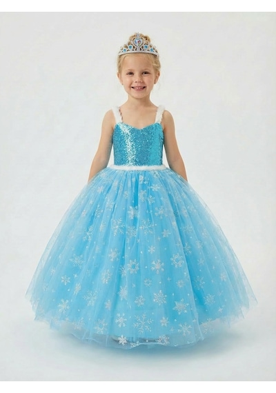 Butikhappykids Frozen Elsa Kostümü Askılı Kız Çocuk Prenses Elbisesi + Taç Mavi
