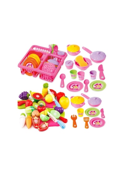 Burnis Toy Yılbaşı Barbie Oyuncak Bulaşıklık Tabak Tencere Set + 28 Parça Kesilebilen Oyuncak Meyve