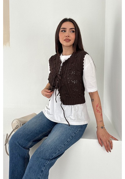 Noa & Noa Kadın Ponponlu Bağlamalı Triko Süveter Dokulu & Romantik Stil Kahverengi