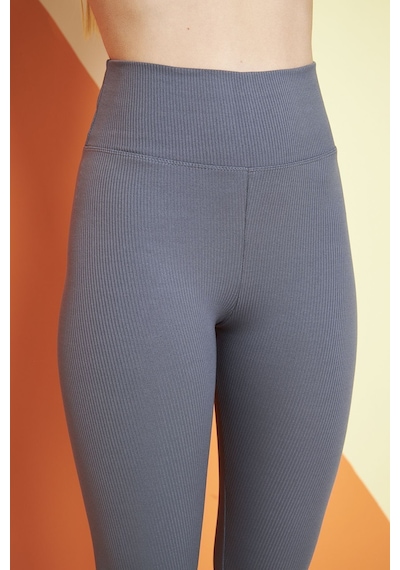 Thıff Gymwear Haki Yüksek Bel Fitilli Toparlayıcı Interlok Örme Spor Dar Paça Kadın Tayt Antrasit