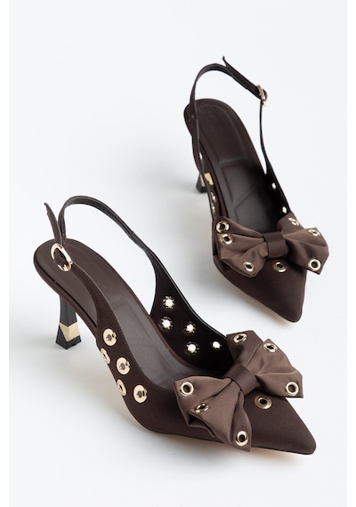 Kadın İnce Topuklu Stiletto Kahverengi Saten Fiyonklu-4690 Kahve Cilt