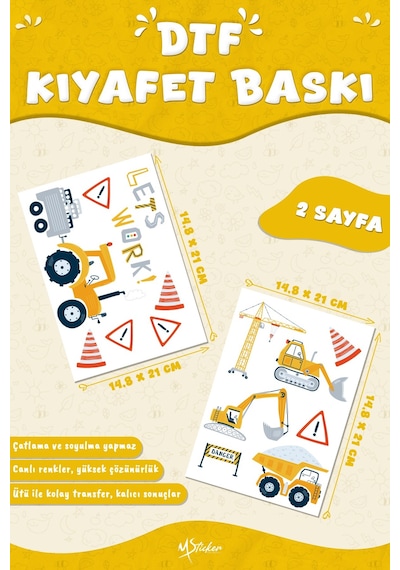 Kumaşa Baskı Yapılabilen Özel Tasarım Ütü Ile Yapışan Tekstil Dtf Baskı Görseli İş Makinası Temalı Çok Renkli