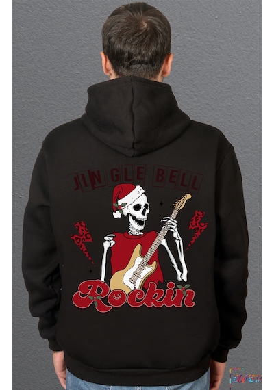 Bumeta Christmas Rock Jingle Bell Rockin Sweatshirt Unisex Kapüşonlu Hoodie Siyah