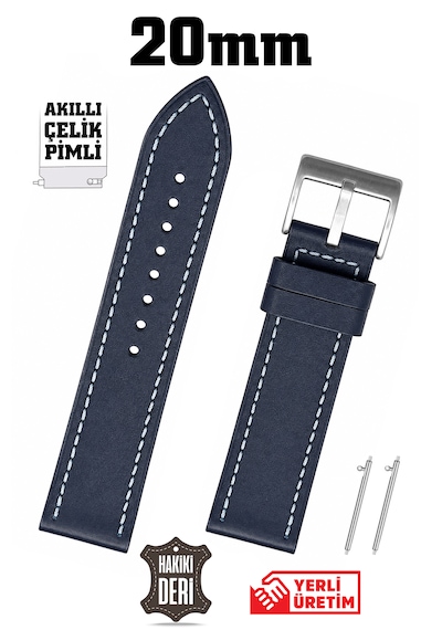 20 Mm Lacivert Spor Hakiki Deri Saat Kordonu Kayış Akıllı Pimli