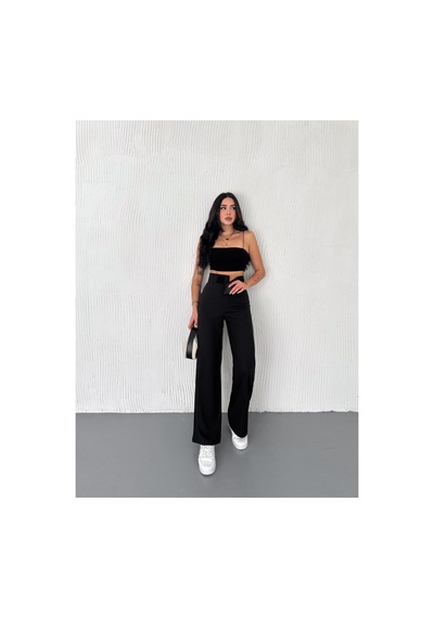 Gugus Kadın Cepsiz Dokuma Kumaş Pantolon Beli Cırtlı Bol Paça Wide Leg Model Siyah