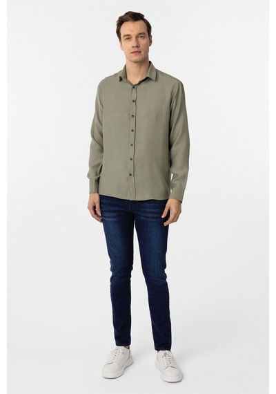 Süvari Haki Slim Fit Düz Klasik Yaka Gömlek Haki