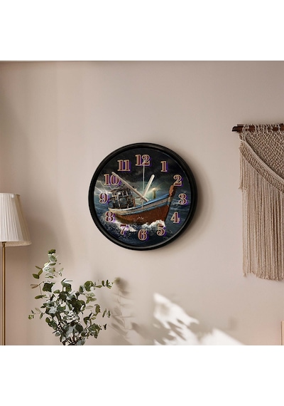 Fırtınalı Deniz Ve Balıkçı Teknesi Dekoratif Duvar Saati 28 Cm Sessiz Mekanizma Çok Renkli