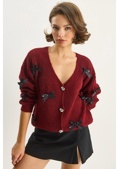Shade Kadın Fiyonk Aksesuarlı V Yaka Oversize Düğmeli Hırka 60283642 - Bordo