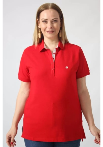Moda Berray 21305 Kısa Kollu Büyük Beden Lakost Kumas T-shirt Kırmızı Kırmızı