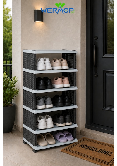 5 Katlı Rattan Görünümlü Ayakkabılık Ayakkabı Rafı Organizer - Gümüş Siyah - Gümüş