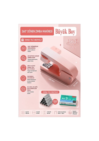 Pembe Zımba Makinesi 24/6 1 Adet Fixpoint P-4550 Pastel Renkler Büyük Zımba Makinası Ve Teli 20 25 Sayfa Dereceli Ofis