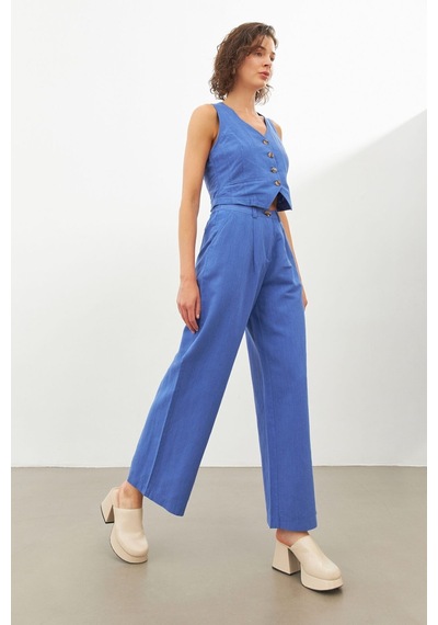Stella Pulvis Mavi Keten Yüksek Bel Wide Leg Pantolon Mavi