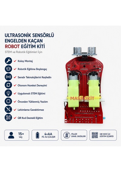 Masrokit U2l-7717 Ultrasonik Sensörlü Engelden Kaçan Robot Eğitim Kiti Fosforlu Sarı Motorlu