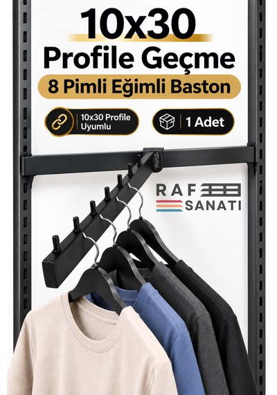 1 Adet - Eğik Baston - 10x30 Profile Geçme - Ab-1 Uyumlu Pimli Baston Askılık 35 Cm Mağaza Raf Askılık Aparatı Siyah