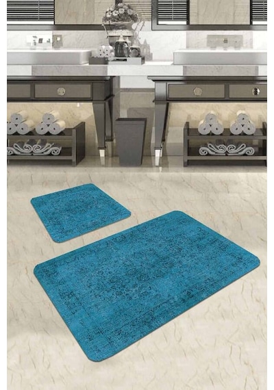 Mavi Modern Klasik Banyo Halısı Klozet Paspas Seti Bs234n11