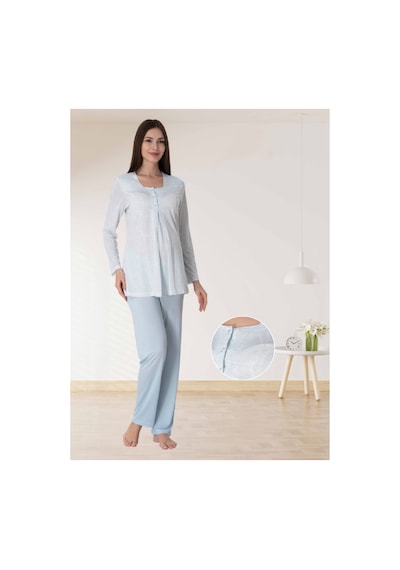 Effortt Dvina Lohusa Hamile Uzun Kollu Desenli Pijama Takımı - Mavi Mavi