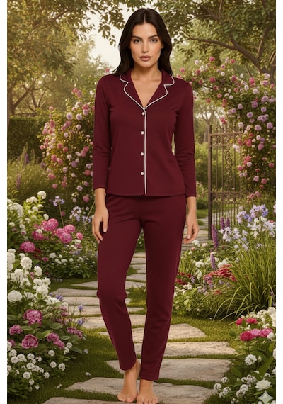 Kompedan Kadın Pamuklu Süprem Önden Düğmeli Biyeli Pijama Takımı Bordo 127 Bordo