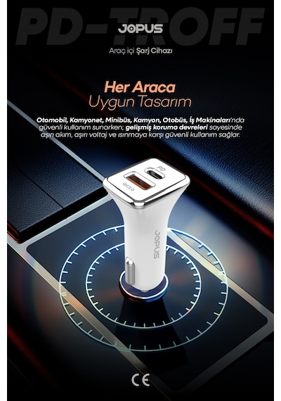 Jopus USB ve Type-C Girişli 38W Hızlı Araç Çakmaklık Şarj Aleti Başlığı Universal JO-A7