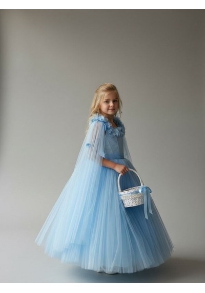 Zekids Kız Çocuk Kol Detaylı Prenses Model Abiye Elbise-17245 Mavi