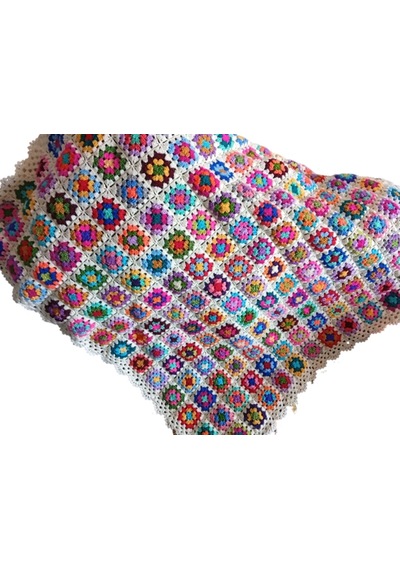 El Örgüsü Etnik Otantik Motifli Ekru Koltuk Şalı 95 Cm X 95 Cm Çok Renkli