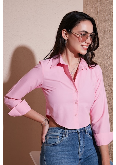 Lela Pamuk Karışımlı Slim Fit Uzun Kollu Crop Bayan Gömlek 6777336 Şeker Pembe