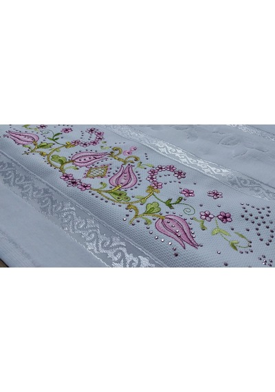 Algelsineve Taş İşlemeli Kadife Dokulu Pamuklu Baş & El Havlusu Işıltılı Çiçek Nakışlı 50 90 Cm 200 Gr Pembe