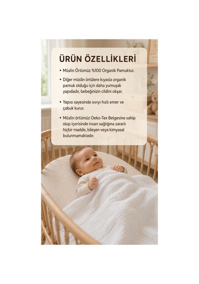 Çift Katlı Müslin %100 Organik Pamuk Bebek Çocuk Yenidoğan Emzirme Örtüsü Çok Amaçlı Örtü Oeko-teks Sertifikalı