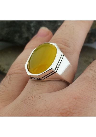 Fkgümüş Sarı Zirkon Taşlı Sade Erkek Yüzük