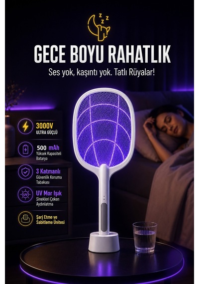 7/24 Şarjlı Elektrikli Sinek Raketi Standlı Sivrisinek Haşere Öldürücü Sineklik Haşere Aleti