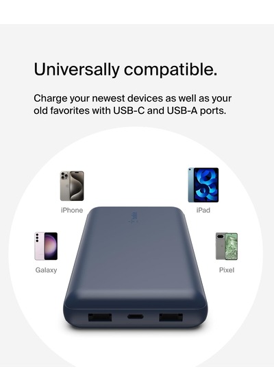 Usb C Taşınabilir Şarj Cihazı 20000 Mah, Usb Tip C Giriş Çıkış Bağlantı Noktalı 20k Güç Bankası İçin Usb C - A Kablosu Dahil 2 Usb A Bağlantı Noktası Mavi
