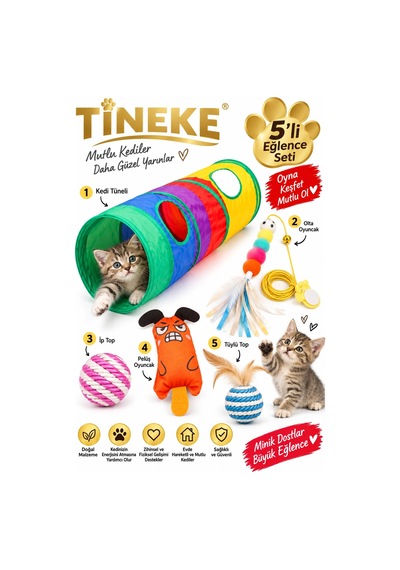 Tineke 5 Li Kedi Oyuncak Seti Oyun Tüneli Elastik Olta İp Top Tüylü Top Ve Peluş Oyuncak Turuncu