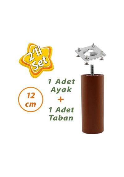 Destek Ayağı 12 Cm Kahverengi Ve Metal Düz Ayak Tabanı M8 Civatalı İnce Diş Mobilya Kanepe Baza Seti