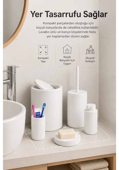 Beyaz Banyo Düzenleyici Set 5 Parça Çöp Kovası Tuvalet Fırçası Sabunluk Fırçalık