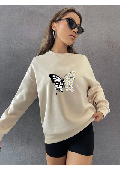 Uyguntarz Unisex Papatya Kelebek Baskılı Tasarım Oversize Bisiklet Yaka Sweatshirt Bej