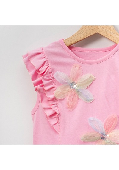 Overdo Kids Kız Çocuk Çiçekli Fırfırlı Kısa Kollu %100 Pamuklu T-shirt Pembe