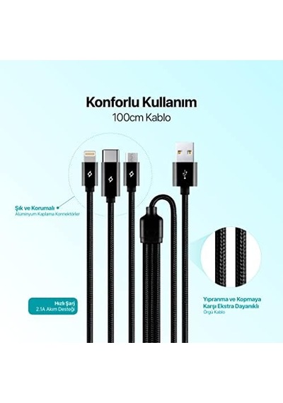 Ttec 2dk39s Alumicable Trio Şarj Kablosu 1mt. Usb-a - Usb-c / Lightning / Micro Usb