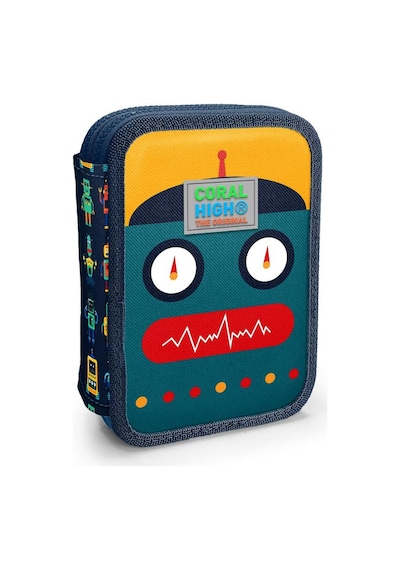 Coral High Kids Lacivert Çivit Robot Desenli Çift Katlı Kalem Çanta 31121 Çok Renkli