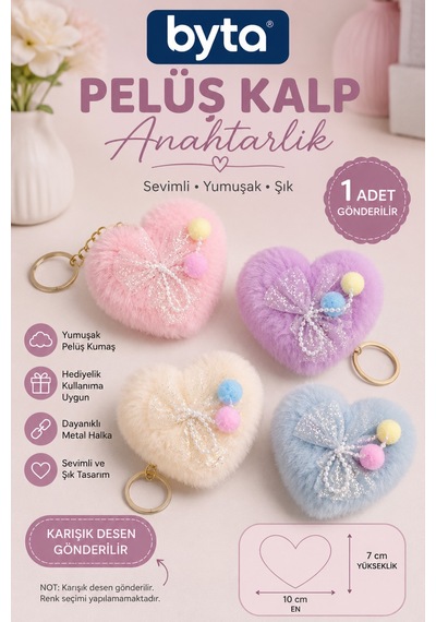 Peluş Kalp Anahtarlık 10x7 Cm Karışık Renkli Çanta Süsü Ve Anahtar Aksesuarı 1 Adet - Hediyelik Çok Renkli