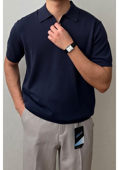 Tarz Cool Erkek Patlı Kısa Kollu Polo Yaka Triko T-shirt Lacivert