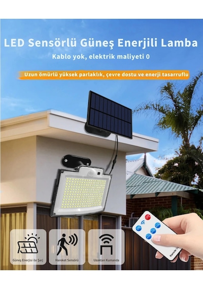 Etashop 228 Led Güneş Enerjili Sensörlü Dış Mekan Lamba Uzaktan Kumandalı Ip65 Projektör Bahçem Gara Çok Renkli