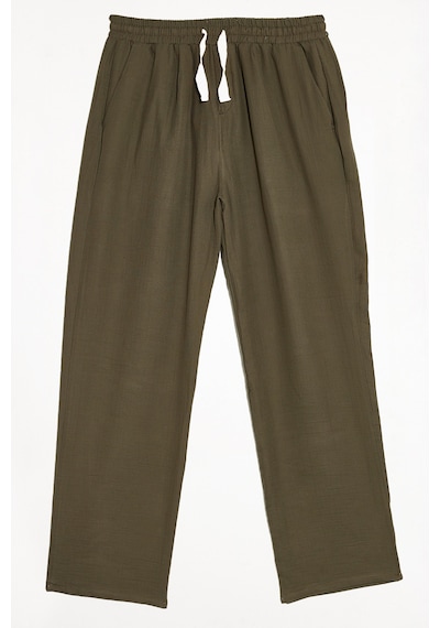 Tudors Erkek Baggy Fit Geniş Kesim %100 Pamuk Beli Lastikli Yandan Cepli Müslin Haki Düz Pantolon-46262 Haki