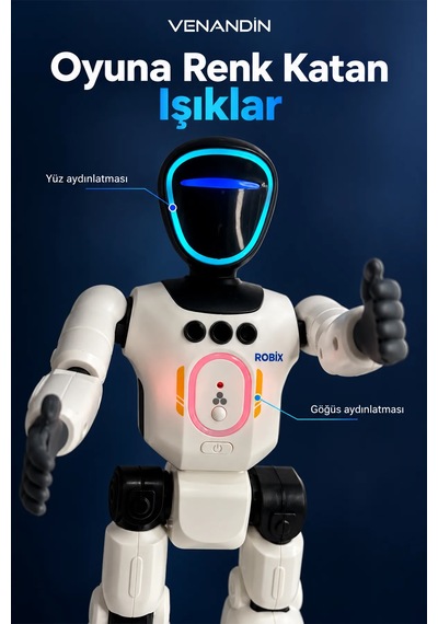 Venandin Robix Türkçe Konuşan Uzaktan Kumandalı Akıllı Robot Adam - Şarjlı, Led Işıklı, Dans Eden Eğitici Oyuncak Robot 31 Cm