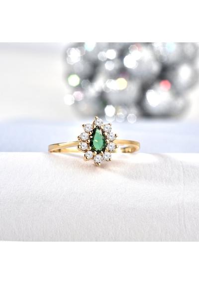 14 Ayar Mikron Altın Kaplama Zümrüt Yeşili Taşlı Damla Halo Yüzük Vintage Stil - Rs00117 Altın
