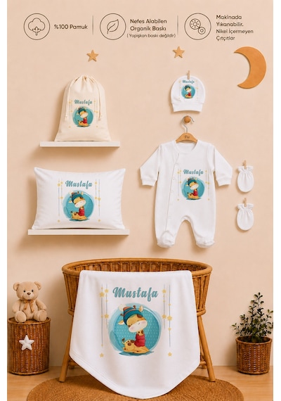 Pia Baby İsme Özel Hastane Çıkışı %100 Pamuk Erkek Bebek Organik Baskılı Tulum Set Keseli Hediyelik 2082tybkyx Krem