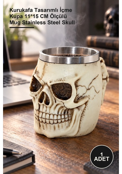 1 Adet Paslanmaz Çelik Kupa Bardak Kurukafa Tasarımlı İçme Kupa 11 15 Cm Ölçülü Mug Stainless Steel Skull