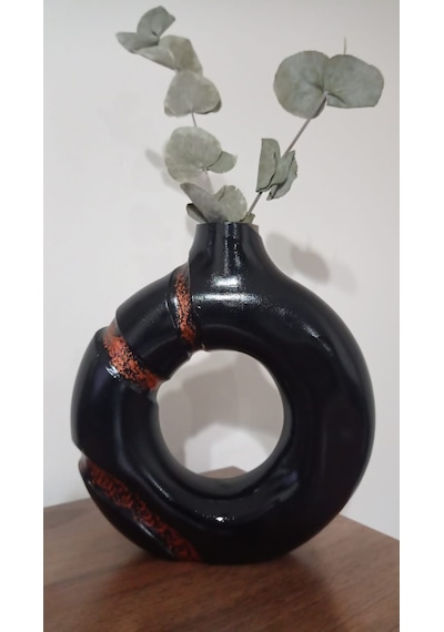 Eclipse Donut Vazo - Siyah Bakır - Minimalist Halka Form Bronz - Siyah
