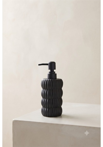 Dalgalı Seramik Mat Siyah Pompalı Sıvı Sabunluk - 400 Ml - 18 X 8 X 7 Cm