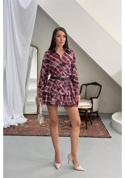 Neşeli Butik Kadın Bordo Gömlek Yaka Kat Kat Ekose Desen Mini Elbise Nbnp025 Bordo