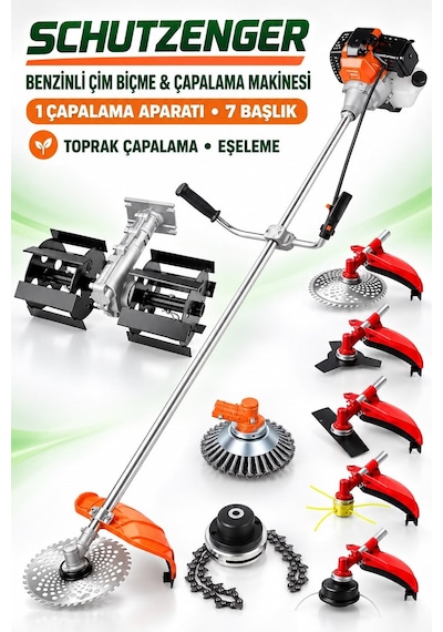 Schutzenger Hp-81 Benzinli Eleşeme Çapalama Makinesi Ot Çim Çalı Biçme Motoru Tüm Başlıklar Set Tarla Bahçe 8 Başlık